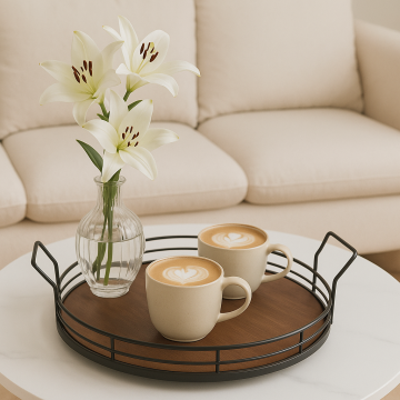 Round metal serving tray with wooden base displaying elegant tea setup with cups and cookies

34cm decorative metal tray with wooden base used as coffee table centerpiece with candles and decor