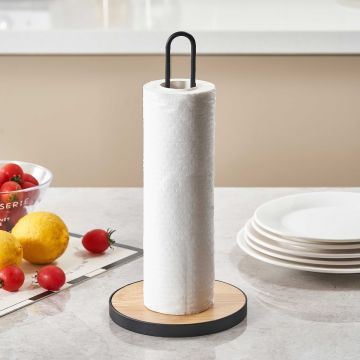 Premium Metal Kitchen Towel Paper Roll Holder with Eco-Friendly Bamboo Wooden Base