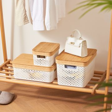 White plastic storage basket with natural bamboo lid and handles