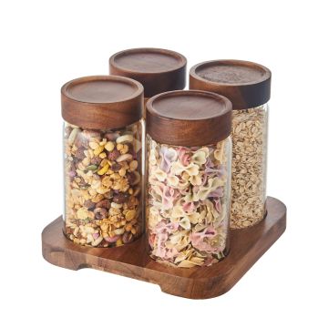 Set of 4 Glass Jars with Acacia Lid and Acacia Tray