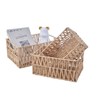 Set of 3 recycled paper rope storage baskets organiser with handle