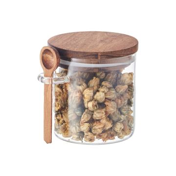 Round glass storage jar with acacia wooden lid and spoon - kitchen container for spices