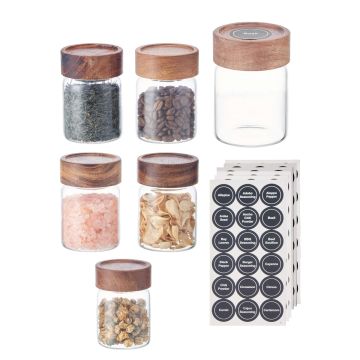 6-Pack Glass Spice Jars with Acacia Wood Lids - 200ml with Labels