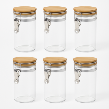 Set of 6 Glass Storage Jars with Bamboo Clip-Top Lids & Labels