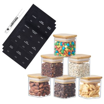 Set of 6 Square Glass Spice Jars with Bamboo Lids and Labels