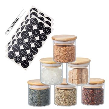 Set of 6 Round Glass Spice Jars with Bamboo Lids and Labels