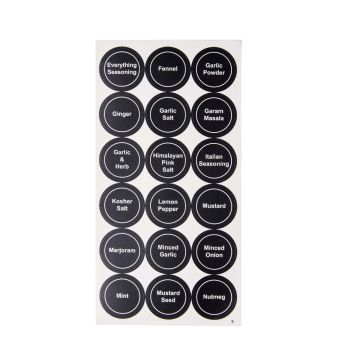 Black minimalist pre-printed spice labels on kitchen jars, round and square designs