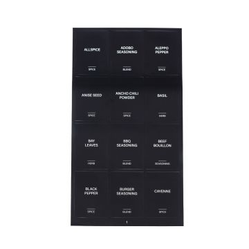 Black minimalist pre-printed spice labels on kitchen jars, round and square designs