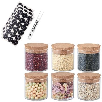 Set of 6 Round Glass Spice Jars with Cork Lids and Labels - Premium Kitchen Organization Solution
