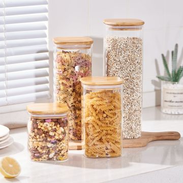 Airtight Square Glass Jar with Bamboo Lid for Kitchen Storage