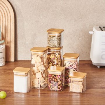 Square Glass Storage Jars with Bamboo Lids for Kitchen Organization