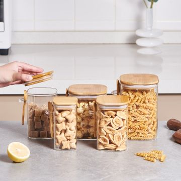Square Borosilicate glass jar with a bamboo lid and spoon, ideal for kitchen storage