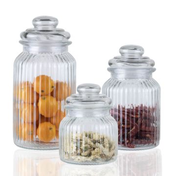 Glass storage jars with airtight lids set of three ribbed clear canisters for kitchen pantry organization