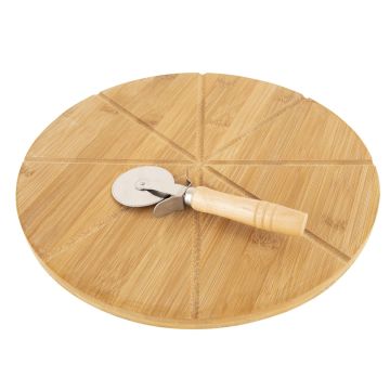 Round bamboo pizza board with slice grooves and pizza cutter.